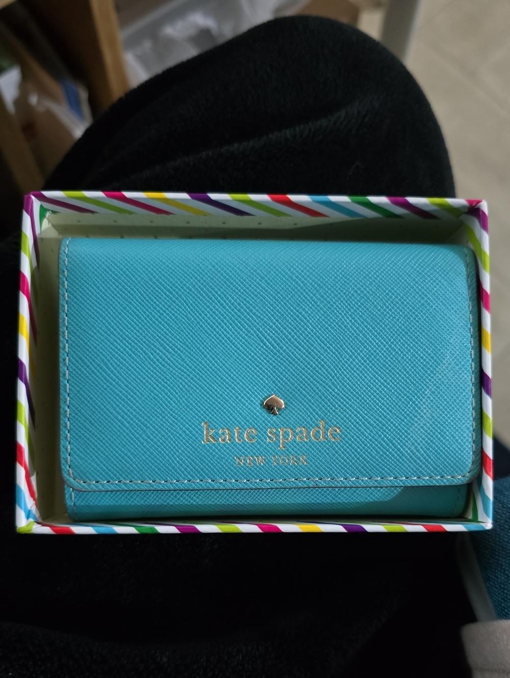 kate spade turquoise Saffiano card holder with gold logo